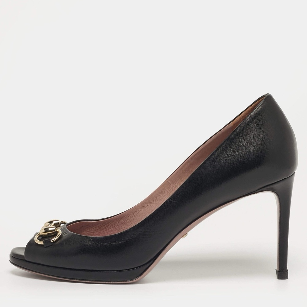Gucci New Hollywood Black Leather Horsebit Peep Toe Pumps 40.5